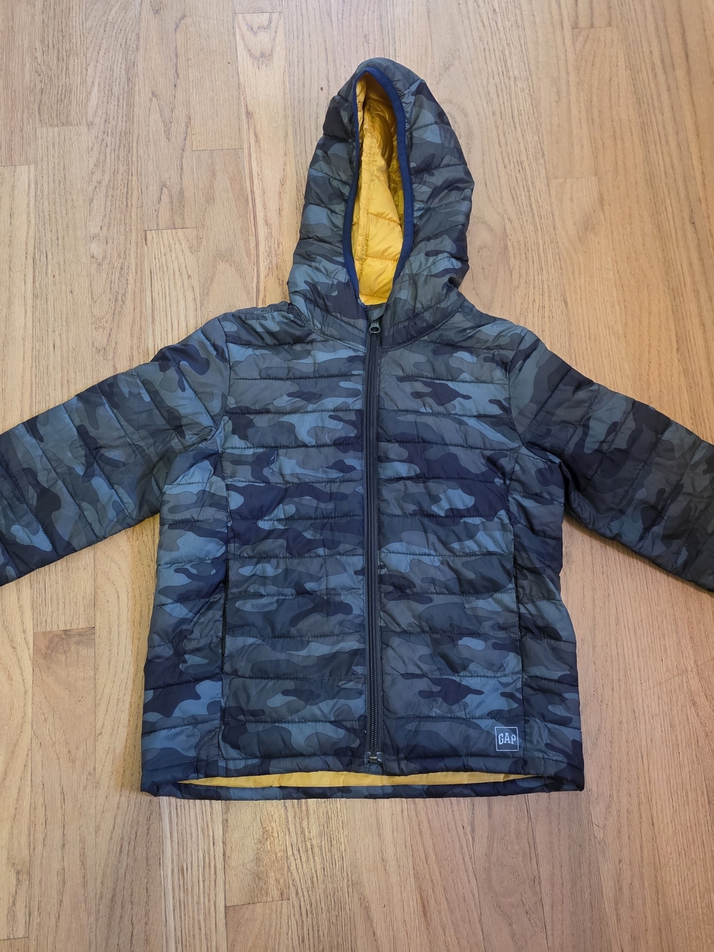 GAP Kids' Camo Puffer Jacket with Yellow Lining